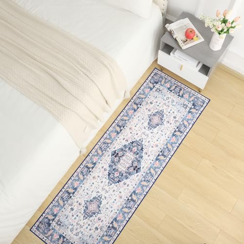 Amearea Vintage Design Runner Rugs for Living Room, 2x6 Machine Washable Floral Collection Traditional Bedroom Rug, Low Pile Cute Kids Room Print Carpet, No Slip Office Kitchen Home Decor, Blue - color: Blue, size: 2' X 6' (Runner)