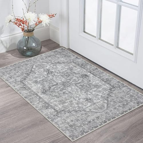KOZYFLY Small Area Rug 2x3 Ft Rugs for Entryway Washable Boho Entry Rug Non Slip Door Mat Indoor Entrance Faux Wool Vintage Printed Kitchen Rug Throw Rugs for Entrance Kitchen, Gray - color: Light Grey/White, size: 2' x 3' (Rectangular)