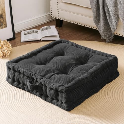 Wellsin Square Floor Pillows for Adults Kids - Meditation Floor Pillow Seating Cushion - Tufted Floor Cushion with Shredded Foam & Velvet Cover, 2 Pack, 20x20 Inch, Gray