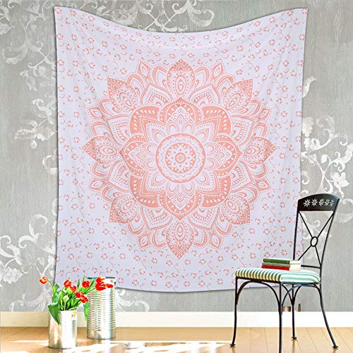 raajsee Glittering Rose Gold Pink Tapestry Wall Hanging Mandala-Bohemian Room Decor-Indian Cotton Throw Hippie Tapestries -Boho Bedding White Golden Queen Bedspread 82x92 inches - color: Rose Gold Passion Ombre, size: 92"L x 82"W