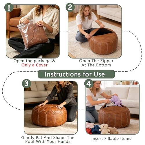 Thgonwid Round Unstuffed Pouf Cover, Faux Leather Storage Ottoman, Boho Moroccan Foot Stool, Multi-Purpose Home Decor for Living Room, Bedroom and Balcony, Brown, No Filling Included - color: Brown（no Stuffing）