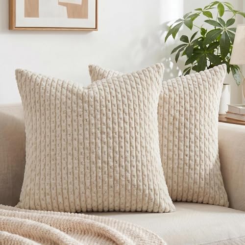 Fancy Homi 2 Packs Tan Decorative Throw Pillow Covers 18x18 Inch for Couch Bed Sofa, Modern Farmhouse Boho Home Decor, Soft Cute Plush Corduroy Beige Cushion Case 45x45 CM - color: Tan, size: 18" x 18" (Pack of 2)