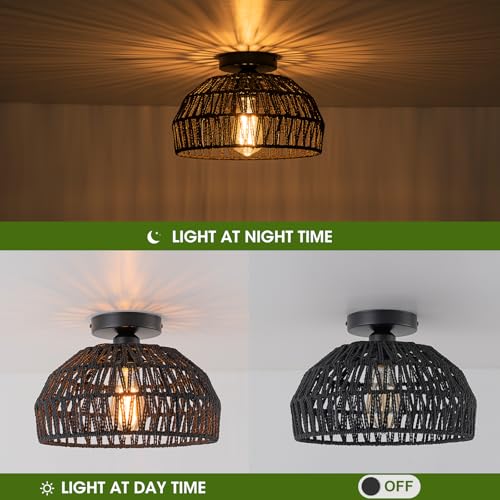 2 Packs Black Boho Light,Rattan Ceiling Lighting Fixtures Small Boho Lamp Shade Flush Mount Ceiling Light Hand Woven Chandelier for Entryway Bedroom Kitchen Nursery Lights - color: Black-Ceiling light (2 sets)