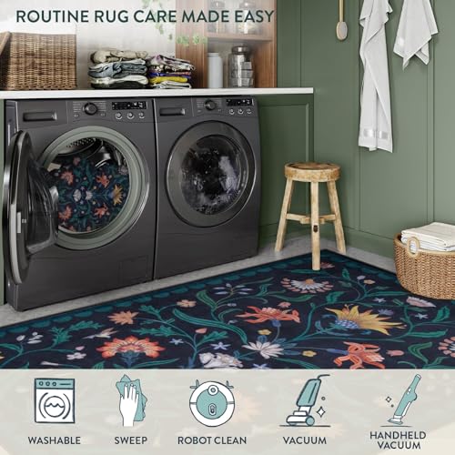 Lahome Boho Floral Washable Blue 5x7 Area Rugs for Living Room, Non Slip Rugs for Bedroom Entryway, Indoor Ultra-Thin Throw Dining Room Carpet for Under Table Kitchen Dorm(Dark Blue,5x7) - color: Dark Blue, size: 5' x 7' (Rectangular)