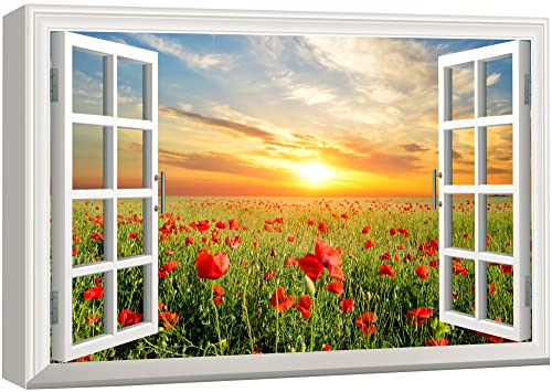 wall26 Canvas Print Wall Art Window View Landscape Sunset Red Poppy Flower Field Nature Wilderness Photography Modern Art Rustic Scenic Colorful Multicolor for Living Room, Bedroom, Office - 24"x36" - color: Artwork - 41, size: 36"L x 24"W