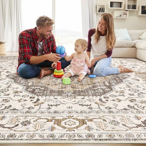 Area Rug for Living Room - 10x14 Soft Washable Oriental Vintage Floral Distressed Large Carpet - Fade Stain Resistant Non Slip Rugs for Bedroom Dining Room Nursery Dorm Office Home Decor-Camel/Beige - color: Camel/Beige, size: 10' x 14' (Rectangular)