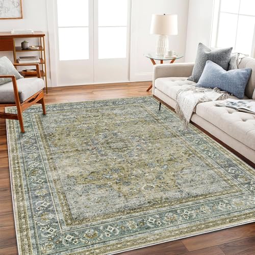 CHAMPLANT Washable Area Rug 4'x6' Traditional Floor Cover Foldable Thin Rugs Retro Kitchen Indoor Distressed Non Slip Carpet Floral Print Mat Bedroom Living Room - color: Aged Floral Green, size: 4' x 6' (Rectangular)