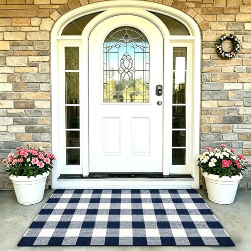 MUBIN Cotton Buffalo Plaid Rug, 3' x 5' Navy Blue White Outdoor Rug Front Door Decorative Mat, Washable Doormat Foldable Area Rug Layered Door Mats Rug for Front Porch, Entryway, Patio - color: Navy Blue White Plaid, size: 3' x 5' (Rectangular)