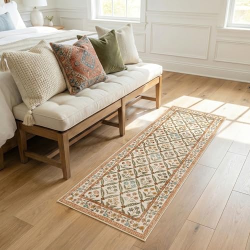 jinchan Haden Runner Rug 2x5 Vintage Floral Washable Hallway Rug for Entrance Kitchen Soft Non-Slip Low Pile Bedside Laundry Room Cottage Warm Indoor Decor Terracotta - color: Terracotta, size: 2' x 5' (Runner)