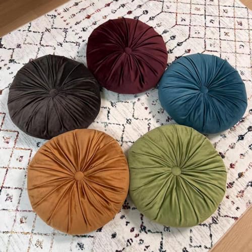 Round Throw Pillow, 13.7” Round Floor Pillow Pumpkin Pleated Round Pillow Cushion for Couch Dutch Velvet Decorative Throw Pillow for Sofa Chair Bed Living Room, Coffee - color: Coffee