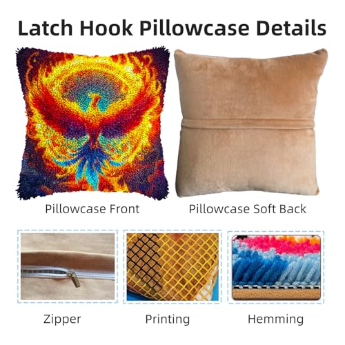DIY Latch Hook Pillow Kits Phoenix Flying Colorful Flames Printed Pillowcase Crochet Yarns Hooking Handmade Pillow Cover Cushion for Home Sofa Decoration 17x17inch-2 - color: 08-Phoenix