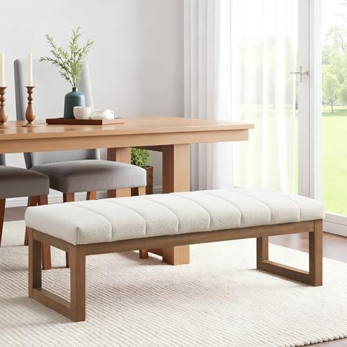 Zihanhome 52.7" Bedroom Bench for End of Bed, Modern Upholstered Teddy Fabric Entryway Bench & Dining Bench, Footrest Stool Bench with Solid Wood Frame for Bedroom, Living Room (Beige) - color: Beige
