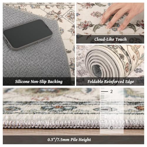 Washable 2x3 Entryway Rug, Boho Non-Slip Door Mat Vintage Distress Small Rugs for Kitchen Nursery Office Bedroom, 0.3" Neutral Oriental Throw Carpet with Cushioning Pad, Beige/Rust/Multi, B1 - color: Beige/Cream/Rust/Green/Multi, size: 2' x 3' (Rectangula