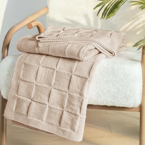 Whale Flotilla Checkered Knit Throw Blanket for Couch, Soft Decorative Knitted Blankets for Sofa Bed, Lightweight Cozy Throws for Spring Summer, 50x60 Inch, Camel - color: Camel, size: 50x60 Inch