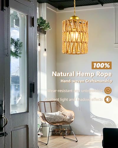 1-Light Rattan Pendant Light Boho Hand-Woven Chandelier, Farmhouse Hemp Rope Pendant Lights for Dining Room, Small Wicher Chandelier Ceiling Hanging Light for Kitchen lsland Bedroom Hallway - color: 4.72″-Cylindrical