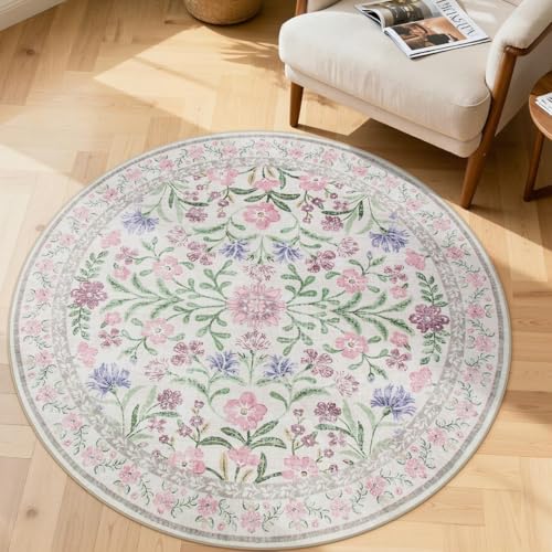 Lahome Sylvie Light Purple 4 ft Round Accent Rug, Small Circular Soft Mat for Nursery & Reading Nook, Machine Washable Low Pile Carpet for Cozy Self-Care Retreat Decor - color: Pale Lilac, size: 4' (Round)