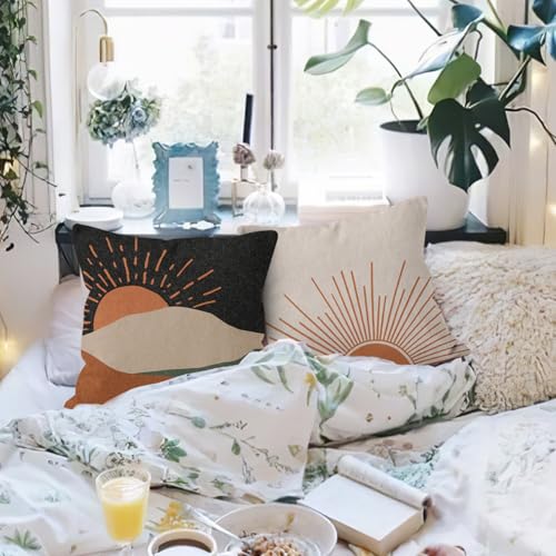 HIWX Boho Pillow Covers, Sun Moon Mountains Decorative Outdoor Throw Pillow Covers, Modern Sunshine Sunrise Landscape for Bedroom Home Decor - Set of 4, 18 x 18 - color: Black-boho-set of 4