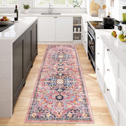 Pauwer Boho Hallway Runner Rug 2x6 Washable Entryway Area Rugs Non Slip Farmhouse Vintage Floor Mat Carpet Runner for Hallways Laundry Room Kitchen Bathroom Bedroom - color: Fuchsia Multi, size: 2' x 6' (Runner)