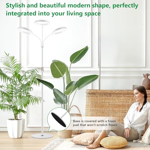 Aumtrly Grow Lights for Indoor Plants, 3 Head Full Spectrum Plant Light with 68" Adjustable Stand for Growing Large Tall Plants, White Halo Floor LED Grow Lamp with 16 Hour Timer - size: 3 head 68inch/white