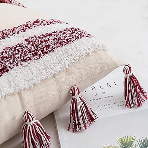 Boho Throw Pillow Cover Tufted Woven Decorative Pillowcase with Tassel Accent Square Farmhouse Stripe Cushion Cover for Sofa Bed Living Room (Wine Red,18x18 Inch) - color: Wine Red, size: 18" x 18" (Pack of 1)