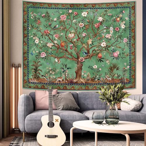 Faxdong Boho Tree of LIfe Tapestry, Vintage Flower Leaves Birds Plant Animal Pattern Tapestries, Retro Indian Bohemian Aesthetic Wall Hanging Green 44×60 inch - color: Green, size: 60"L x 44"W