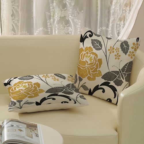 Spring Pillow Covers 16x16 Inch 2 Pcs Mustard Yellow Vintage Floral Decor Throw Pillows Grey Butterfly Flower Leaves Seasonal Outdoor Decoration Pillowcase Linen Cushion Cover for Couch Sofa - color: Yellow Grey Butterfly Flower, size: 16" x 16" (Pack of