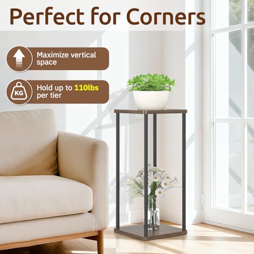 Oppro 2 Tier Plant Stand Indoor, 28In Tall Corner Vertical Wood Metal Square Shelf, Modern Black Large Planter Table Heavy Duty Flower Pot Holder Rack for Narrow House Living Room Floor Orchid, Oak - color: Oak-2 Tier