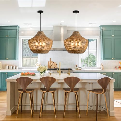 3-Lights Rattan Pendant Light,Boho Rattan Hand-Woven Hanging Light Fixture, Natural Seagrass Weaving Ceiling Chandelier for Kitchen Island Dining Living Bedroom Entry - color: Brown rattan, size: 3-light 18.9in
