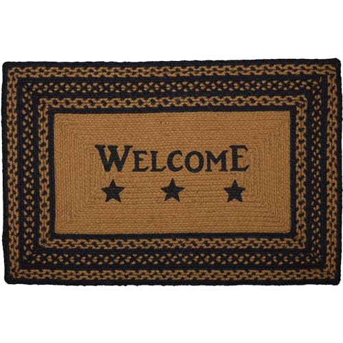 VHC Brands Farmhouse Jute Rectangular Stencil Stars Rug with Welcome Stencil 20x30 Country Braided Flooring, Country Black and Tan - size: 20" x 30" (Rectangular) Welcome