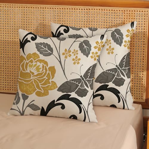 Spring Pillow Covers 16x16 Inch 2 Pcs Mustard Yellow Vintage Floral Decor Throw Pillows Grey Butterfly Flower Leaves Seasonal Outdoor Decoration Pillowcase Linen Cushion Cover for Couch Sofa - color: Yellow Grey Butterfly Flower, size: 16" x 16" (Pack of