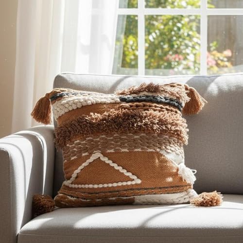 Handwoven Boho Throw Pillow Cover 18x18 Pillows for Sofa, Bed and Couch Decorative Knitted Pillow with Tassels Tufted Accents Cotton/Wool Home Decor, Limited Edition - color: Brown/Cream