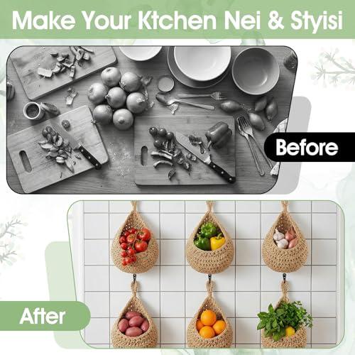 6 Pack Hanging Fruit Baskets for Kitchen Boho Wall Hanging Baskets for Organizing Handwoven Wall Fruit Basket Boho HangingWall Basket for Garlic Potato Onion Home Fruits and Vegetable StorageBaskets