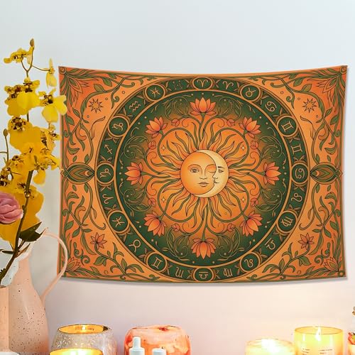 Water Lily and Sun Orange Green Tapestry, Floral Mandala Bohemian Decorative Wall Hanging, Aesthetic Tapestries for Living Room, Bedroom, Meditation 48x36 Inch - size: 48x36 Inch