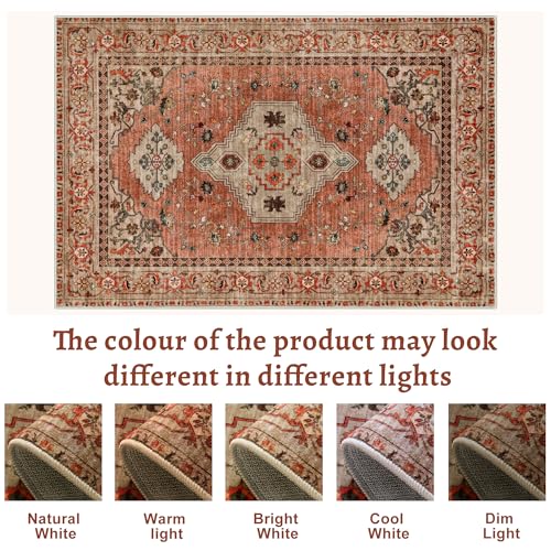 Boho Small Area Rug, 2x3 Washable Rug for Entryway, Vintage Throw Rug Oriental Non Slip Indoor Front Door, Distressed Terracotta Door Mat Carpet, Soft Low Pile Rugs for Entrance Kitchen Bedroom - color: Terracotta/Tan, size: 2' X 3' (Rectangular)
