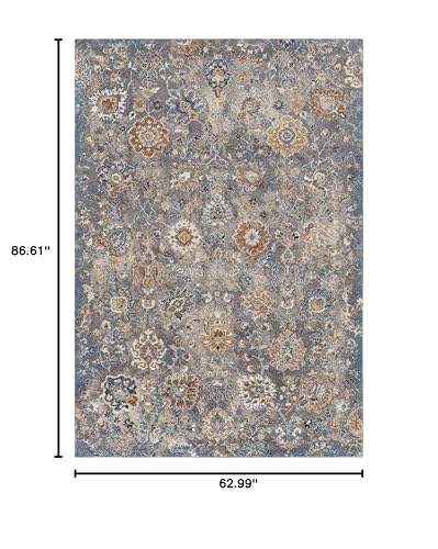 Hauteloom Nimes Living Room, Bedroom Area Rug - Floral Medallion Distressed Border Faded - Traditional Oriental Transitional - High Pile - Gray, Beige, Cream, Blue, Brown - 5'3" x 7'3" - color: Gray, Beige, Cream / Cochituate, size: 5'3" x 7'3" (Rectangul