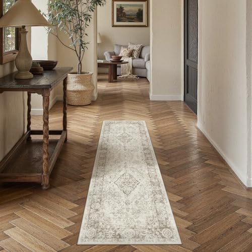 PureCozy Beige 2x6 Runner Rug for Hallway Washable Neutral Vintage Floral Medallion Soft Long Carpet Low Pile Non Slip Distressed Indoor Doormat for Kitchen Laundry Dining Living Room - color: Beige/Cream, size: 2' x 6' (Runner)