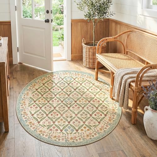 jinchan Haden Round Rug 5ft Vintage Floral Washable Rug for Entryway Kids Room Soft Non-Slip Low Pile Circle Carpet Nursery Living Room Reading Nook Cottage Indoor Decor Teal Blue - color: Teal Blue, size: 5' (Round)