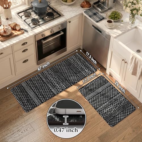 KIMODE Anti Fatigue Mats for Kitchen Floor 17"x47"+17"x29", Black Boho Distressed Kitchen Rugs Sets of 2, Cushioned Kitchen Floor Mats, Non Slip Standing Mats for Sink Laundry Room Decor Office Desk - color: Black Diamond, size: 17.3" x 47 "+ 17.3" x 29 "