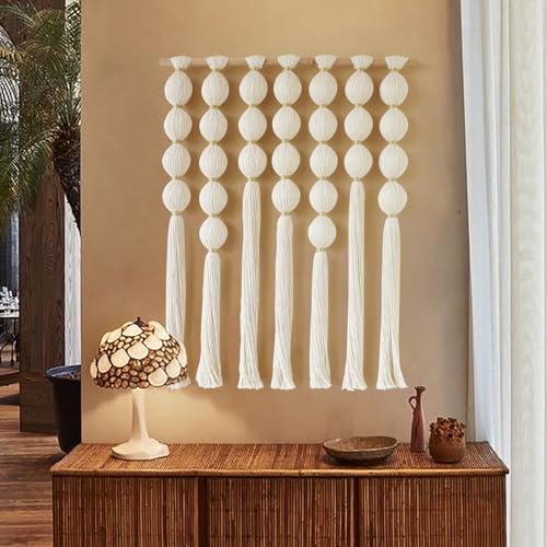 IOWER Macrame Wall Hanging Boho Wall Decor Ball Tassels Handmade Boho Woven Wall Decor for Living Room Bedroom Background 27" W x 39" L - color: Ivory with Gold