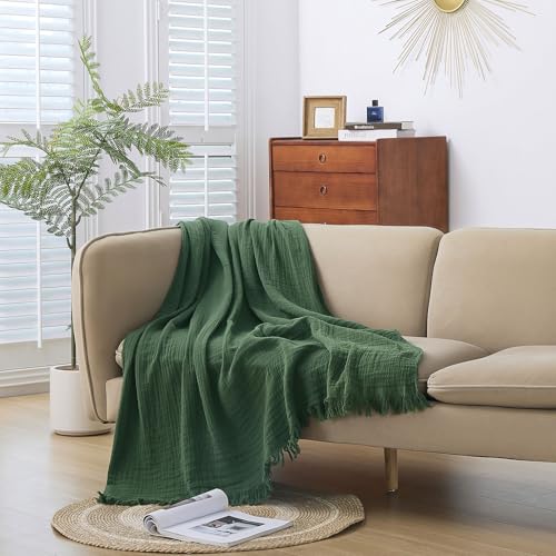 Cotton Muslin Throw Blanket with Tassels, Lightweight Woven Gauze, Pre-Washed Breathable Farmhouse Decor for Bed, Couch, All-Season Use (Olive Green, 60" x 80") - color: Olive Green, size: 60" x 80"