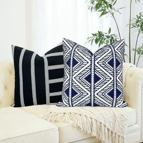 Slow Cow Embroidery Decorative Throw Pillow Cover Geometric Design Cushion Cover 18x18 Inches Navy Blue - color: Navy Big Triangle, size: 18" x 18" (Pack of 1)