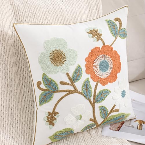 Embroidered Throw Pillow Covers 18x18 Pack of 2 Green and Orange Pillow Covers Flowers with Leaves Pillow Cushion Case Summer Decorative Farmhouse Pillowcases Square Rustic Floral Pillow Case - color: Orange and Green Flowers
