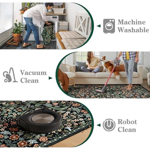 Moynesa Floral 2x3 Entryway Rug, Washable Kitchen Rugs Non Slip Front Door Mat for Indoor Entrance, Boho Ultra Thin Small Rug Soft Botanical Throw Carpet for Bathroom Bedroom, Black - color: Black, size: 2' x 3' (Rectangular)