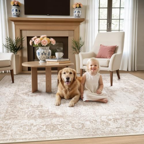 Area Rug 4x6 Vintage Rug: Washable Indoor Medallion Rugs Low Pile Distressed Floor Carpet Retro Accent Rug for Living Room Bedroom Kitchen Dining Table Home Office(Beige, 4'x6') - color: Beige, size: 4' x 6' (Rectangular)