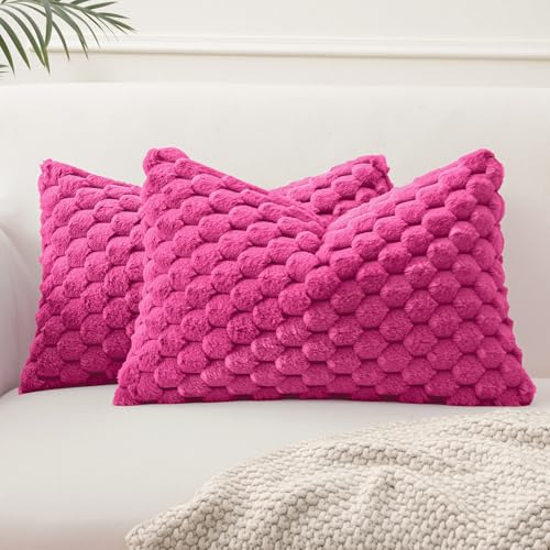 MIULEE Hot Pink Faux Fur Lumbar Decorative Throw Pillow Covers 12x20 Inch Set of 2 Super Soft Cozy Plush Cushion Cases Luxury Fluffy Pillowcases for Sofa Couch Bed Living Room - color: Hot Pink, size: 20" x 12" (Pack of 2)