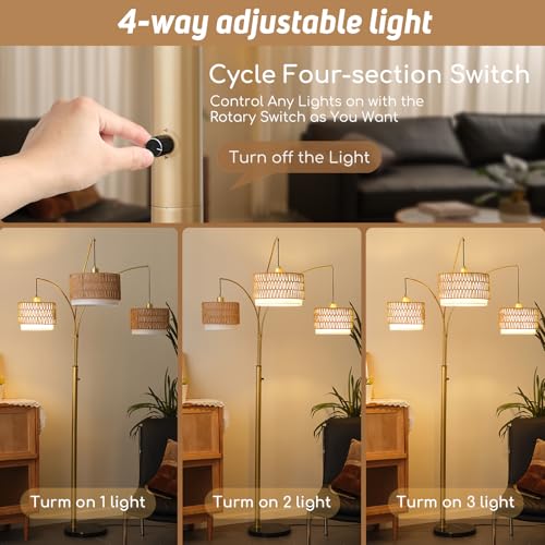 Gold Rattan Floor Lamp for Living Room, 80 Inch Tall Boho Floor Lamp with Rotary Switch, 3 Lights Arc Lamp with Wicker Shade for Coastal,Bohemian,Tree Farmhouse Standing Lamp - color: Rattan+Gold