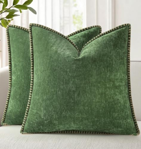 decorUhome Chenille Soft Cozy Throw Pillow Covers 12x12 Set of 2, Modern Farmhouse Boho Velvet Decorative Pillow Cases with Stitched Edge for Couch Sofa Bed Home Decor, Forest Green - color: Forest Elf, size: 12" x 12" (Pack of 2)