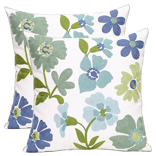 Pack of 2 Embroidered Decorative Throw Pillow Cover 18x18 Inch Farmhouse Floral Pillowcase for Living Room Sofa Bed (Grass Flower) - color: Grass Flower