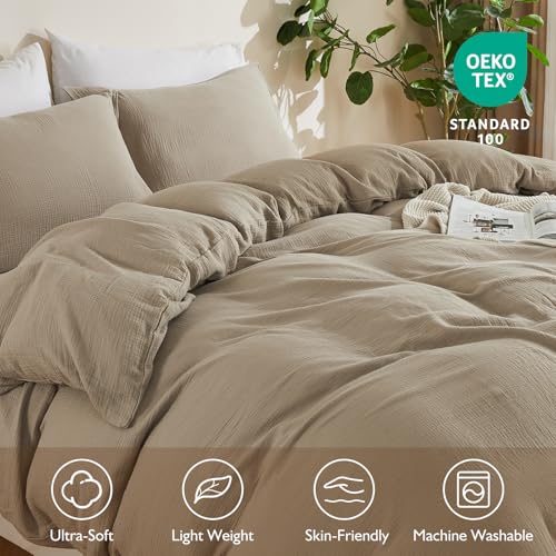 EMME Muslin Cotton Duvet Cover Set Twin Size Khaki Linen Like Soft Breathable Lightweight Summer Comforter Cover Set with Zipper Closure (Khaki, Twin, 68"x90") - color: 09 - Khaki, size: Twin(68"×90")