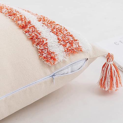 Boho Tufted Throw Pillow with Tassels, Country Thick Striped Style Soft Cushion Cover Decor wuth Zipper for Chair Bed Couch Living Room (Orange,12" x 20") - color: Orange, size: 12" x 20"